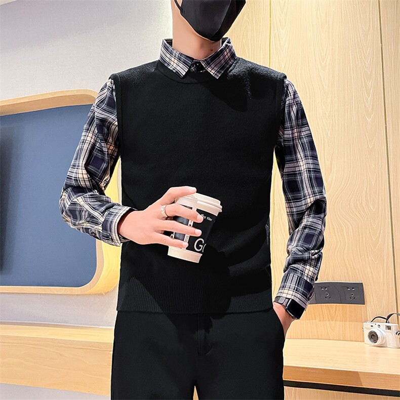 秋冬新款男士衬衫格子袖毛衣假二件男冬季打底衫301A-1/M82/P75,男装T恤,星座301A-1