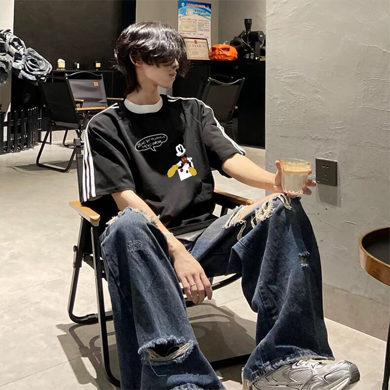 抖音得物高品质二开240克宽松纯棉美式潮牌三条杠织带短袖T恤,男装T恤,电商A486