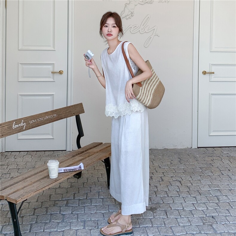 韩版蕾丝花边背心套装女2025年夏季新款休闲显瘦通勤阔腿裤两件套图片