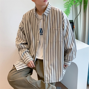 衬衫男长袖韩版潮流男休闲帅气春季男装修身条纹白衬衣CS031-P35图片