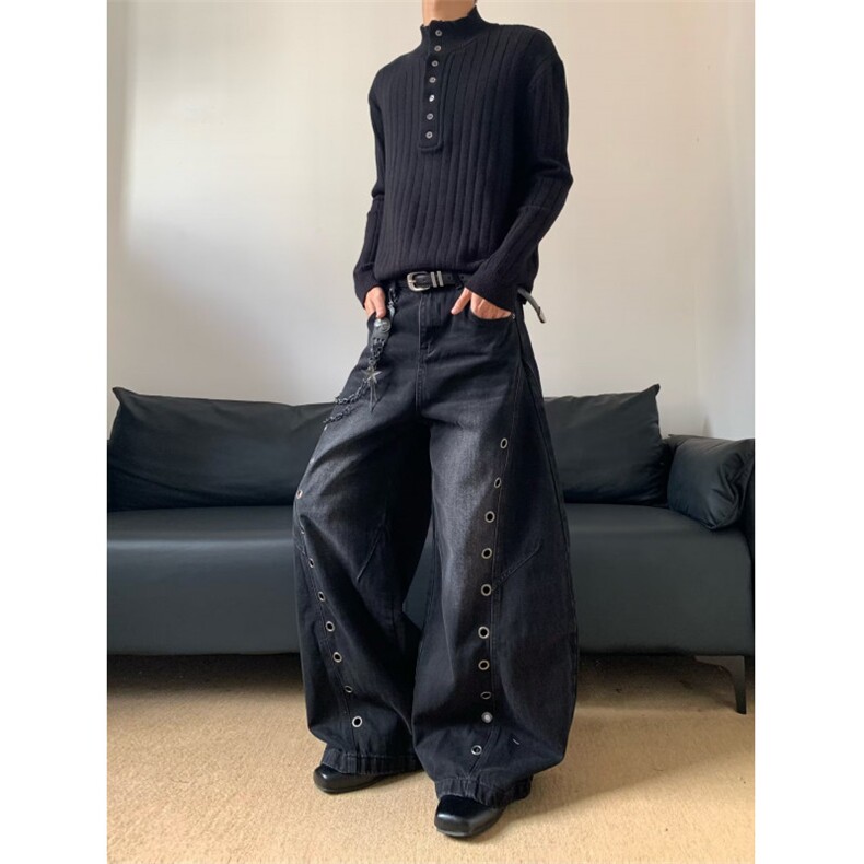 美式解构扣眼弯刀裤牛仔裤男女垂感休闲宽松阔腿拖地裤潮,男装牛仔裤,四季星座505