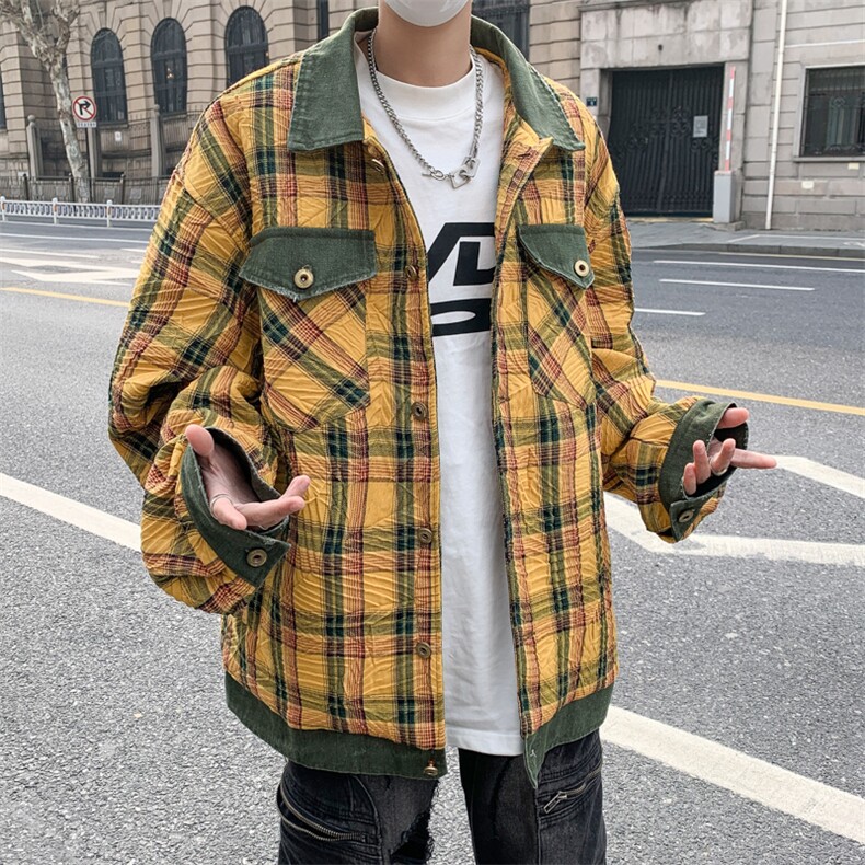 港风春款男夹克条纹格子拼色工装口袋休闲外套JK842P70,男装夹克,星座1013-1