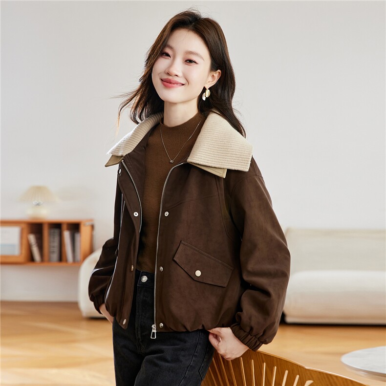 复古咖色加绒加厚鹿皮绒外套女2025秋冬新款洋气减龄针织翻领棉服,女装棉衣/棉服,慕咨