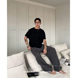 深灰色薄款条纹裤子男款夏季青少年新款美式复古老钱风阔腿休闲裤图片