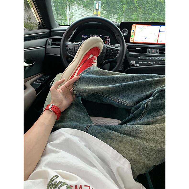 美式复古牛仔裤男潮牌水洗设计感痞帅阔腿直筒裤子图片