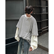 高级感新款男装假两件时尚ins氛围感条纹长袖T恤圆领男女WE12/P48，男装T恤，星座506