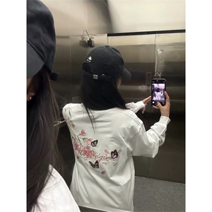 网图有货 美式花卉刺绣长袖男女宽松纯棉情侣打底上衣 A946-P40图片