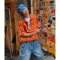 1506/Q52620/P35美式复古橙色格纹短袖衬衫男女新款情侣衬衣，男装T恤，星座1506