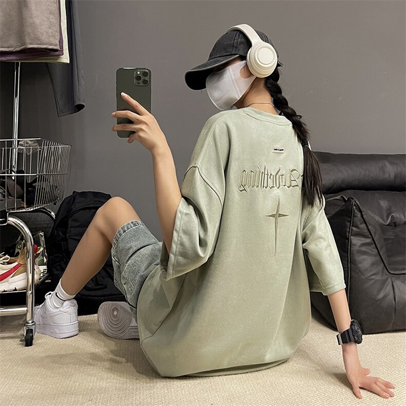 乌梅紫色刺绣短袖男款夏季美式潮牌宽松休闲大码T恤麂皮绒五分袖,男装T恤,星座412-3