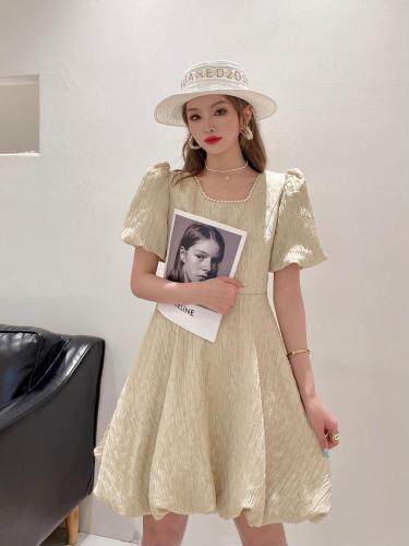 夏季新款超仙法式方领系带连衣裙气质收腰显瘦花苞公主裙，女装连衣裙，香水之恋