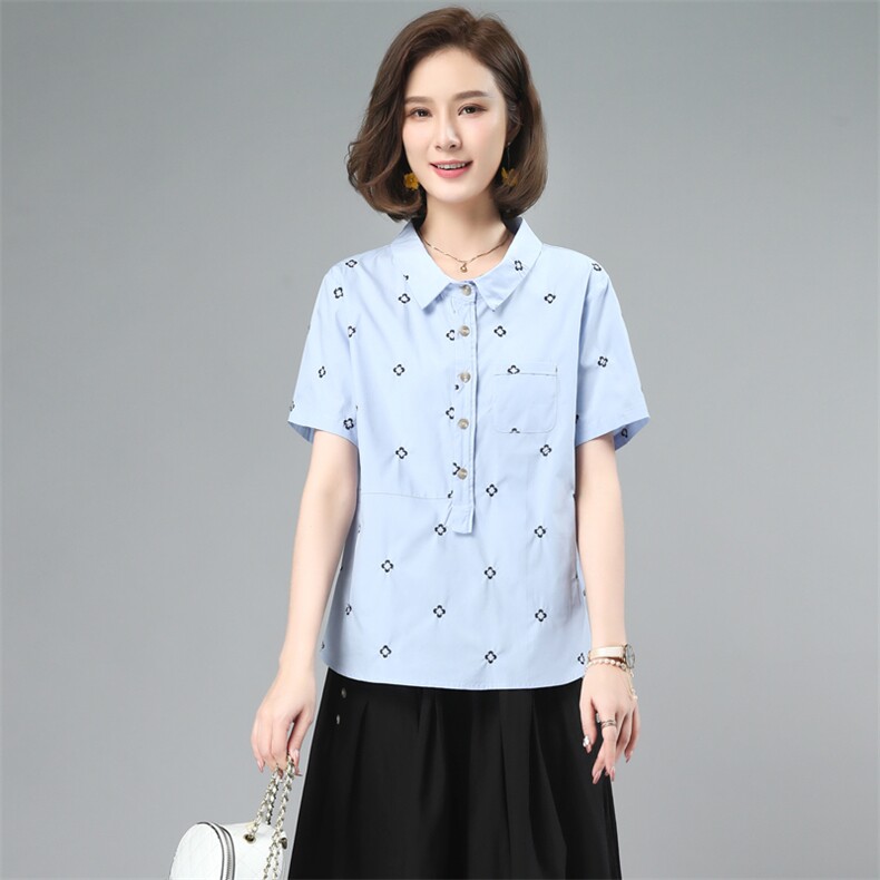 2024年夏装新款纯棉套头衬衫女短袖韩版宽松显瘦时尚减龄刺绣上衣图片