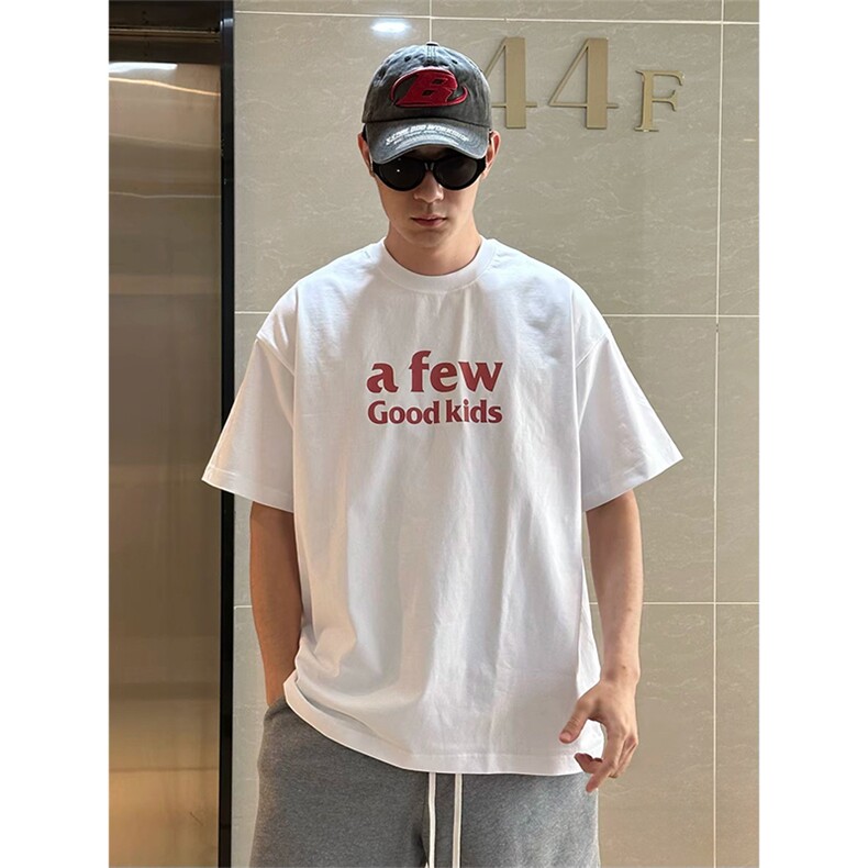 抖音得物供货210克现货宽松纯棉美式潮牌印花落肩袖纯棉T恤AT2183图片