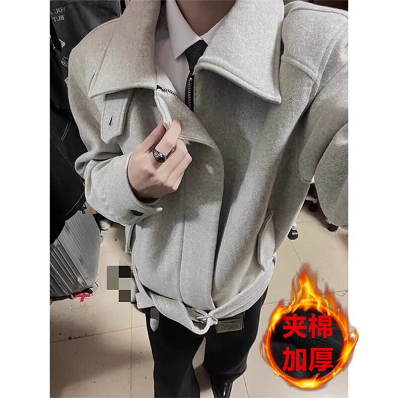 式正肩绑带毛呢夹克男女冬季夹棉情侣短款工装棉服外套，男装夹克，四季星座505