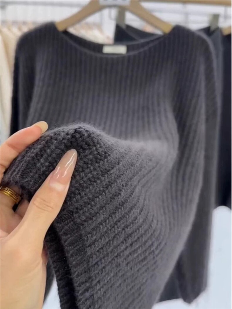 秋冬宽松慵懒风100%纯羊毛衫女一字领提花针织毛衣打底羊绒衫上衣,女装羊毛衫,圣旺供货