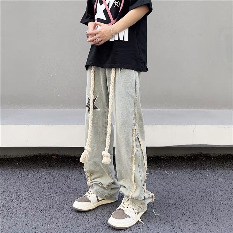 美式vibe裤子高街水洗牛仔裤男设计感小众拉链裤T1641P50,男装牛仔裤,星座1116-2