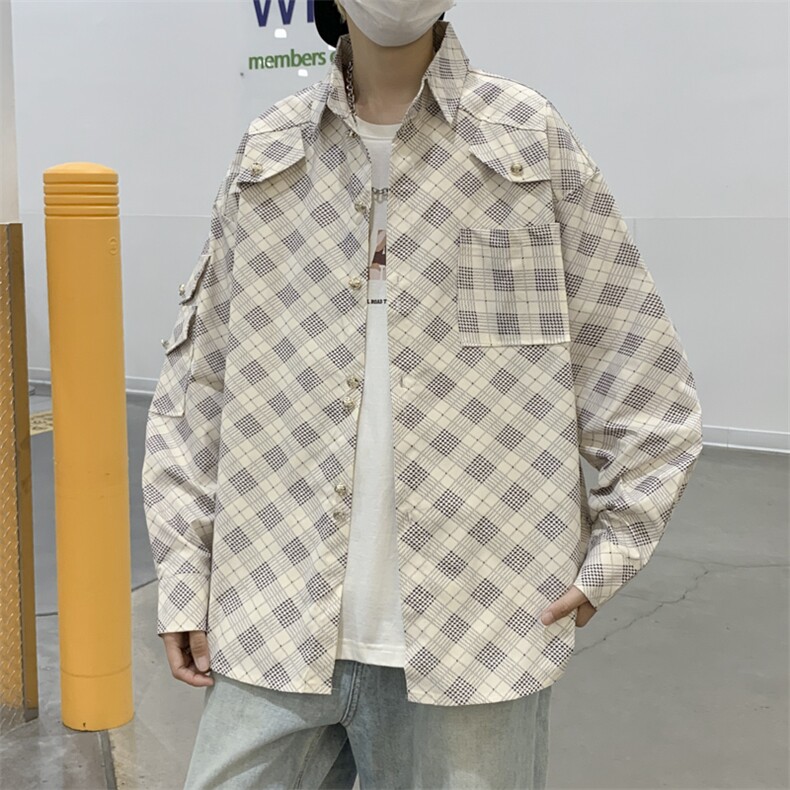 工装格子衬衫男长袖宽松衬衣ins港风韩版痞帅休闲外套JK01192-P45图片