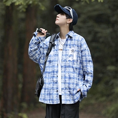 高品质情侣长袖衬衫男外套刺绣衬衣时尚中性外穿A227A-C77H-P43，男装衬衫，电商A227A