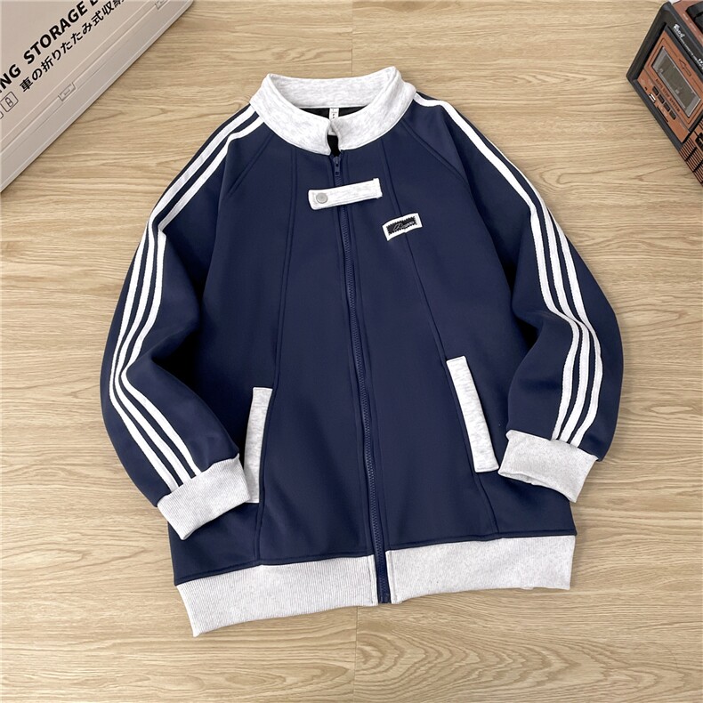 加绒加厚运动夹克男三条杠开衫卫衣棒球服外套JK004-P45加绒P50,男装夹克,星座308B-2