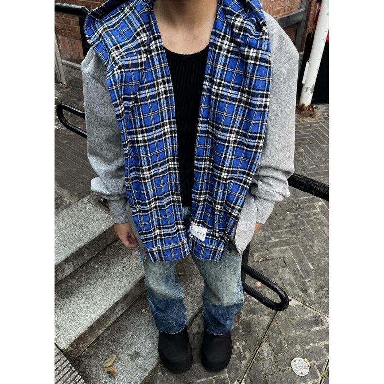 【有货】假两件格子拼接卫衣男款设计感连帽开衫外套JL97LL-特P68,男装卫衣,星座1007（原301D）