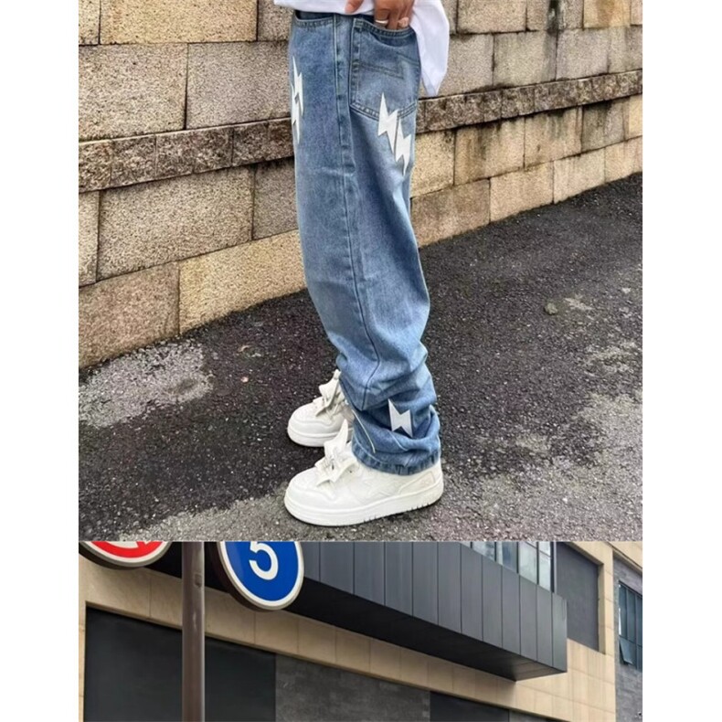 美式高街vibe风复古水洗做旧闪电贴布蓝色牛仔裤男宽松直筒长裤,男装牛仔裤,四季星座505
