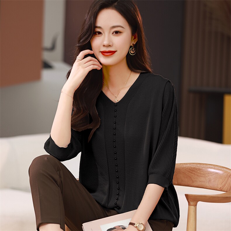 时尚优雅九分袖珍珠装饰上衣显瘦修身V领女装卫衣,女装卫衣/绒衫,梦芯尔