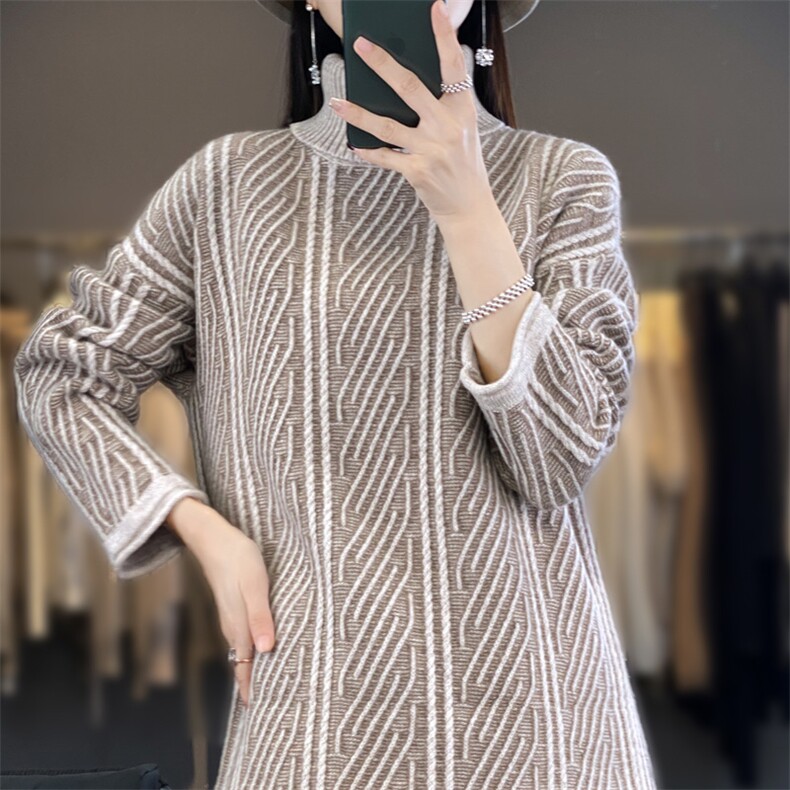 复古高领中长款100%纯羊毛衫女套头宽松拼色慵懒羊绒衫针织衫毛衣,女装羊毛衫,迅太羊绒