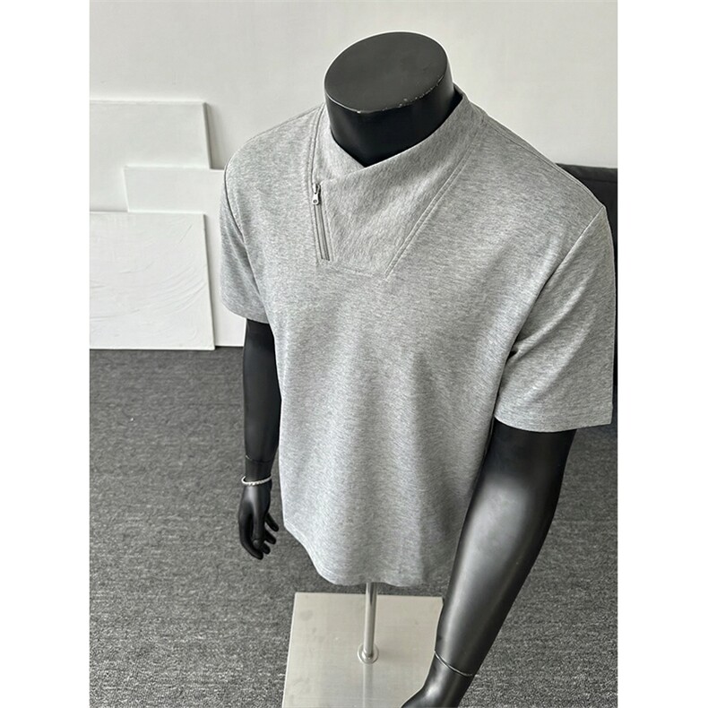 美式复古重磅短袖T恤男立领拉链宽松型休闲百搭上衣T3718-特价P26，男装T恤，电商A007