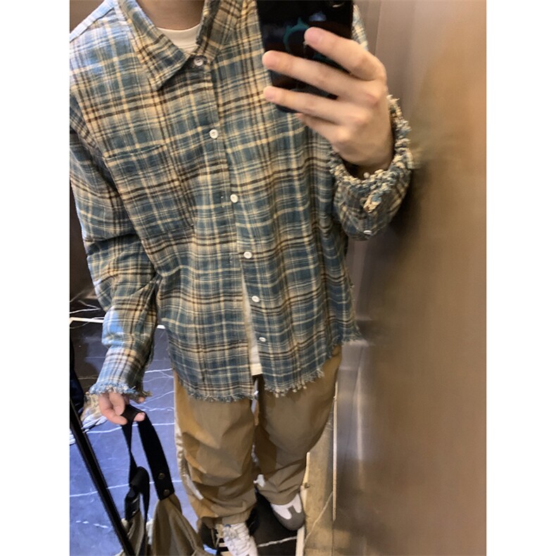 B221！美式ins高街暗黑小众毛边格子衬衫SY2320-P65控88,男装衬衫,电商B221