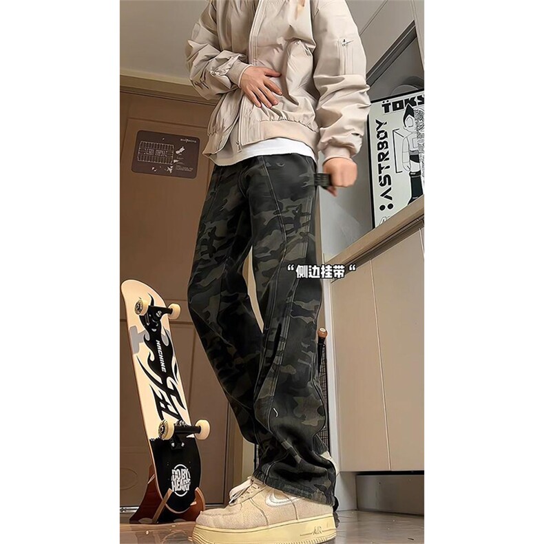 抖音得物美式复古迷彩微喇工装裤男款vibe高街裤子修身牛仔裤AK11,男装牛仔裤,电商A443