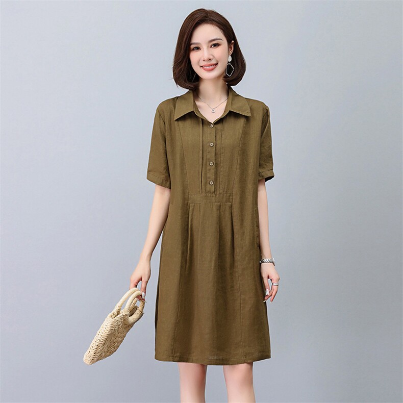 棉麻连衣裙女夏季2024新款大码宽松中年妈妈遮肉显瘦中长款衬衫裙,女装连衣裙,玛其路