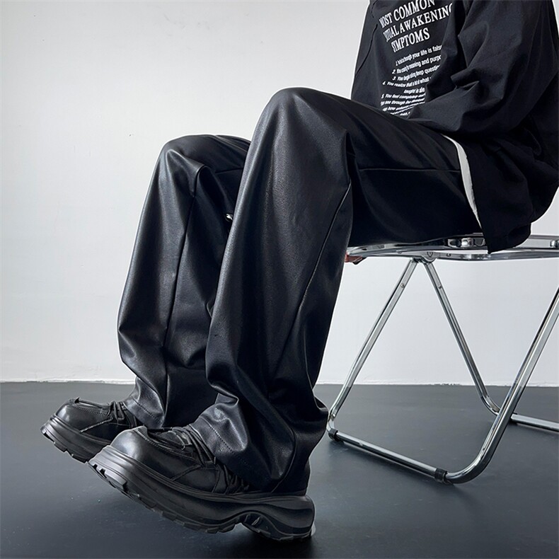 3直筒显瘦黑色PU皮皮裤宽松百搭阔腿裤男女XZ211-1-K2349-P65，男装皮裤，星座211-1