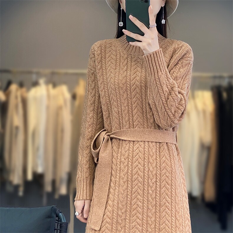 女士秋冬羊毛裙简约休闲舒适显瘦羊毛连衣裙,女装连衣裙,暖思雅