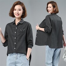 2021春季新款时尚休闲百搭单排多扣翻领亚麻衬衫，女装衬衫，小林双子