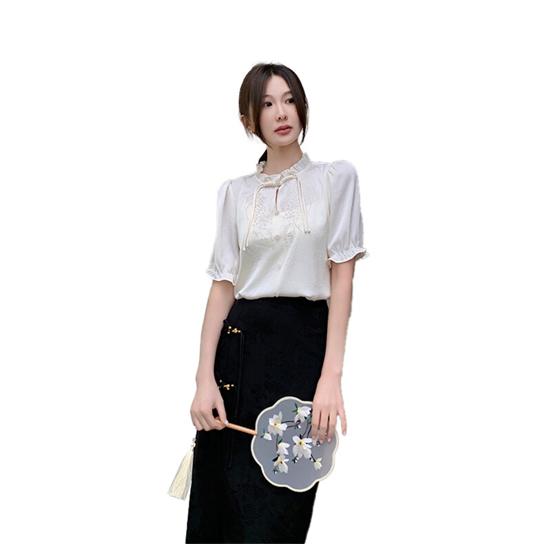 《48H发》夏装新品简约优雅刺绣复古花边短袖衬衫,女装衬衫,曼琳思菲