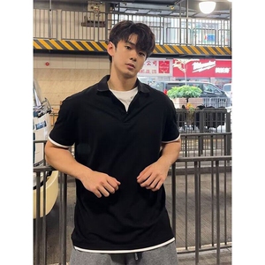 美式假两件短袖polo衫男款夏季短宽boxy版型t恤运动健身灰色半袖图片