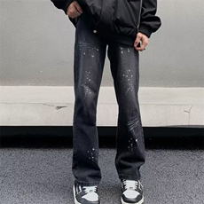 美式高街hiphop泼墨牛仔裤情侣款宽松显瘦直筒阔腿长裤潮-N2030，男装牛仔裤，星座601-2