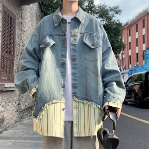 春季美式复古条纹衬衫牛仔夹克拼接假两件设计感宽松休闲外套潮图片