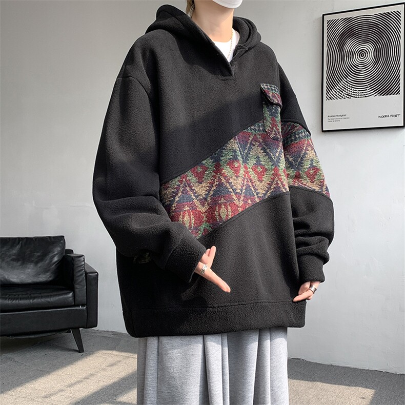 WY10096-P55摇粒绒撞色拼接保暖连帽小众卫衣,男装棉衣,电商A059