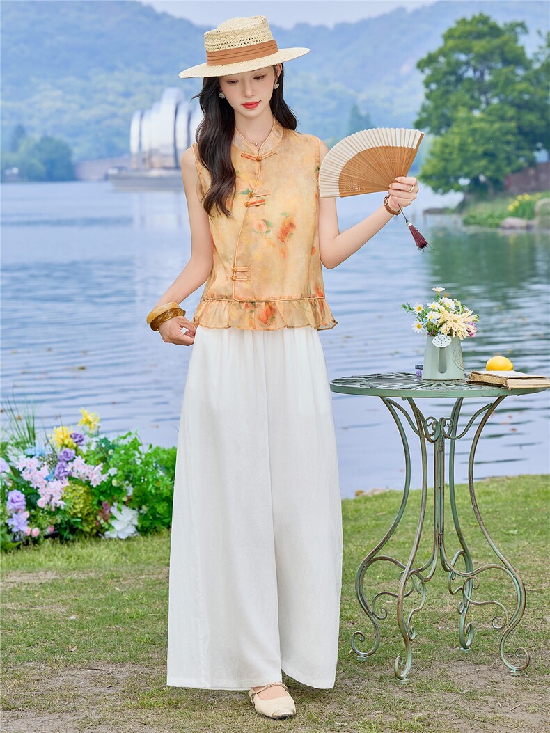 现货2026年夏季新中式人丝上衣麻料阔腿裤子，可分开卖,女装套装/套裙,伊仟回