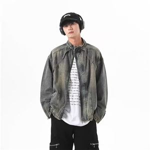 复古蓝色解构立领牛仔外套男潮牌水洗黄泥染痞帅工装夹克JK61-P75图片