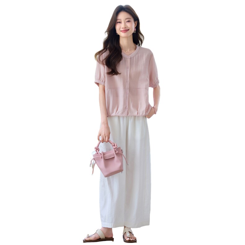 时尚休闲短袖衬衫女2025夏新款减龄洋气宽松简约百搭薄款衬衣小衫,女装套装/套裙,木子恋