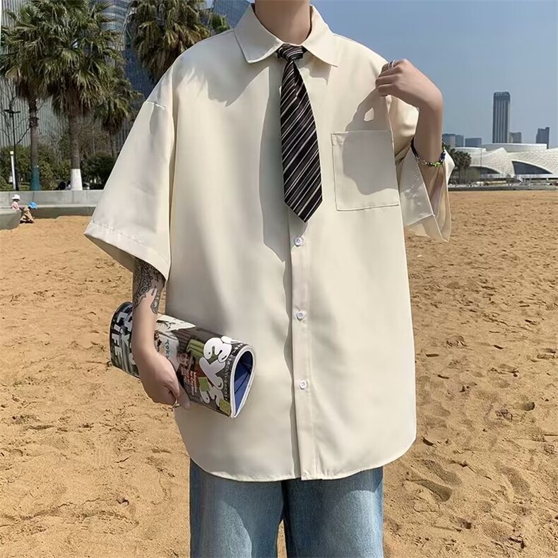 夏季新款衬衫潮流男高级感百搭简约休闲衬衣送领带CS071-P32,男装衬衫,星座308B-1