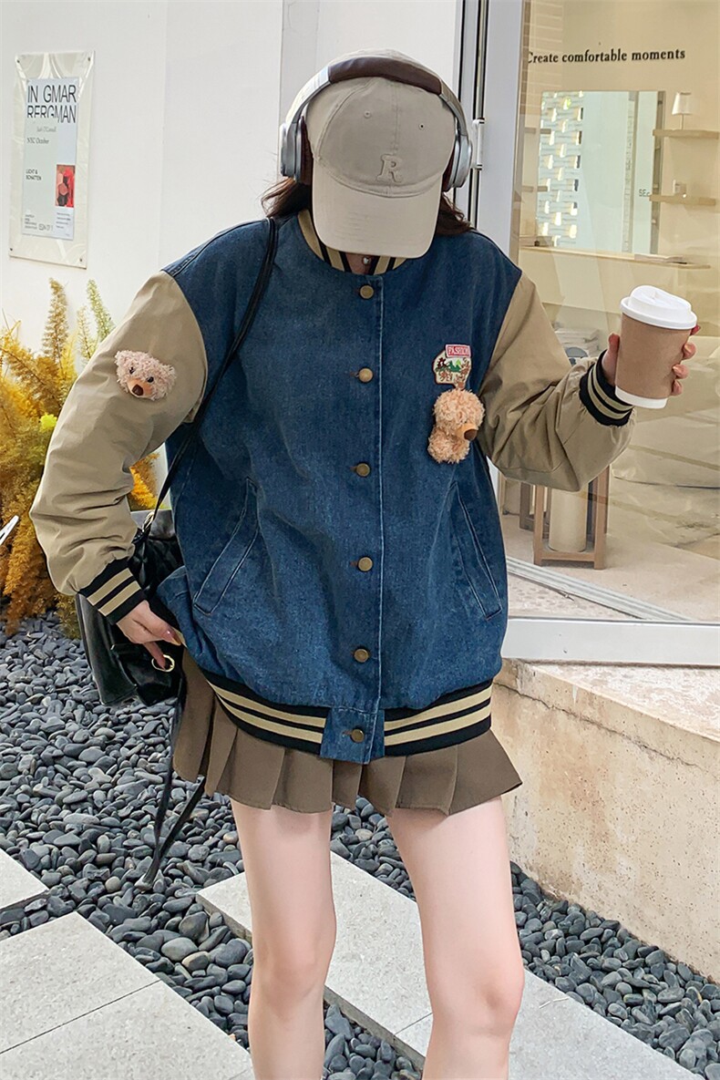新款拼接牛仔外套女小熊棒球服夹克短款显瘦,女装牛仔外套,天使之佳话