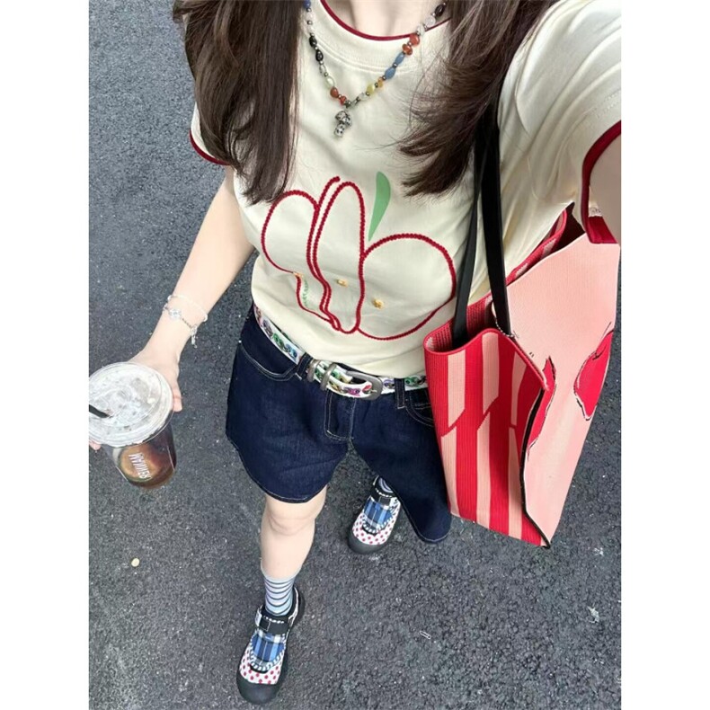 H1006-P35原版辅料+刺绣+拼接包边拉肩短袖T恤,女装T恤,星座617A-2