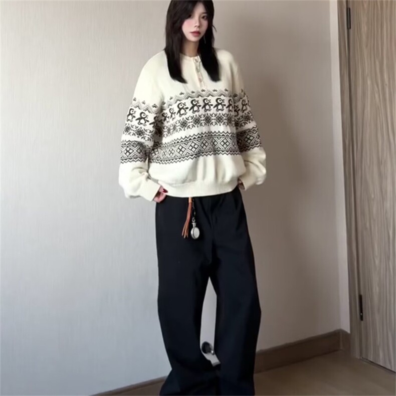 重磅秋冬装北极绒套头毛衣美式复古休闲慵懒风提花工艺针织衫外套,男装针织衫/毛衣,电商A486-1