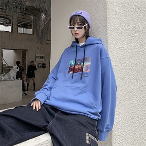 【】A003-HW3090-P55春装新款连帽动漫印花卫衣 港风女模2图片