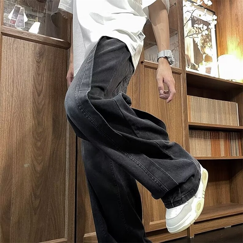 美式拼接重磅牛仔裤男女高街宽松阔腿垂感直筒百搭长裤N3025-p55,男装牛仔裤,星座1008