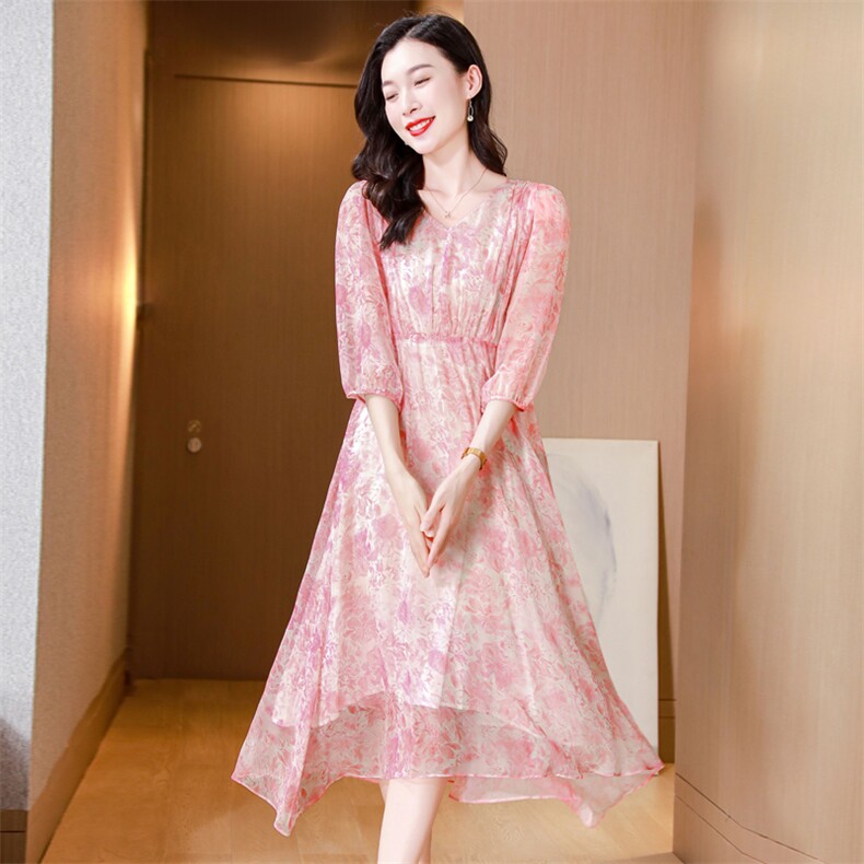 轻奢减龄真丝连衣裙女夏季2025新款高腰显瘦气质七分袖桑蚕丝长裙,女装连衣裙,阿舍尔精品