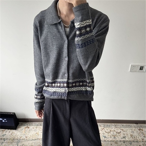 网图老钱风灰色针织衫外套复古慵懒风男女毛衣MMY416特P60图片