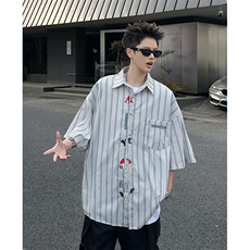 DP095-P35美式复古条纹衬衫早秋2025新款刺绣设计感宽松休闲上衣，男装衬衫，电商C233